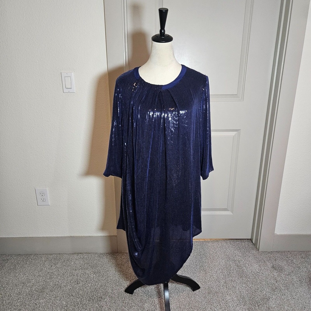 Lafayette 148 Sequin Party Dress Women Sz 14 Asyemmetrical Hem Lined Navy Silk